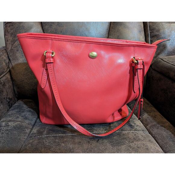 Coach Peyton Leather Large Tote Solid Coral Pomegranate 13" X 12" X 5" F27349 - Picture 1 of 13